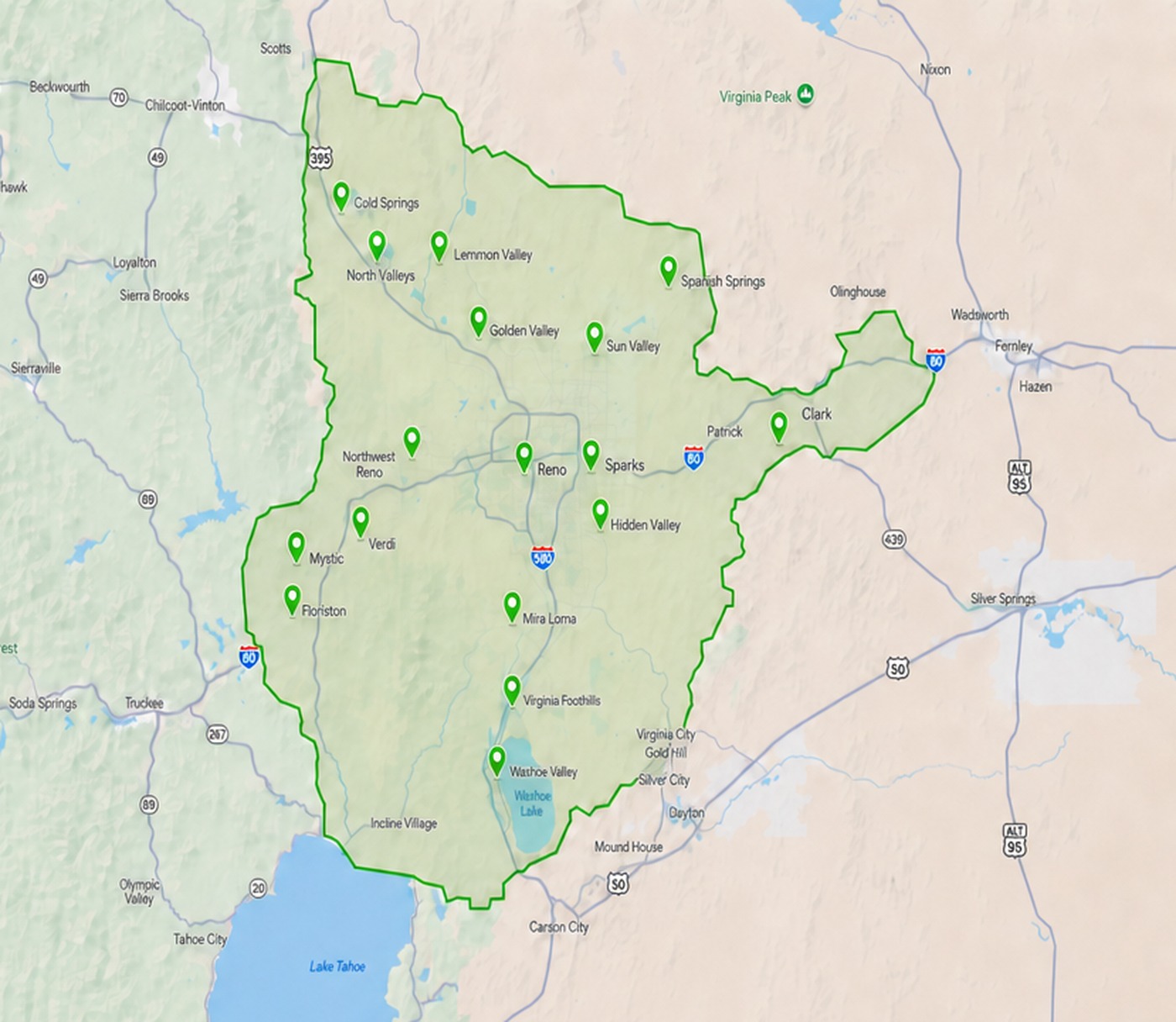 Longhorn Dumpsters service area map covering Reno, Sparks and surrounding Northern Nevada communities